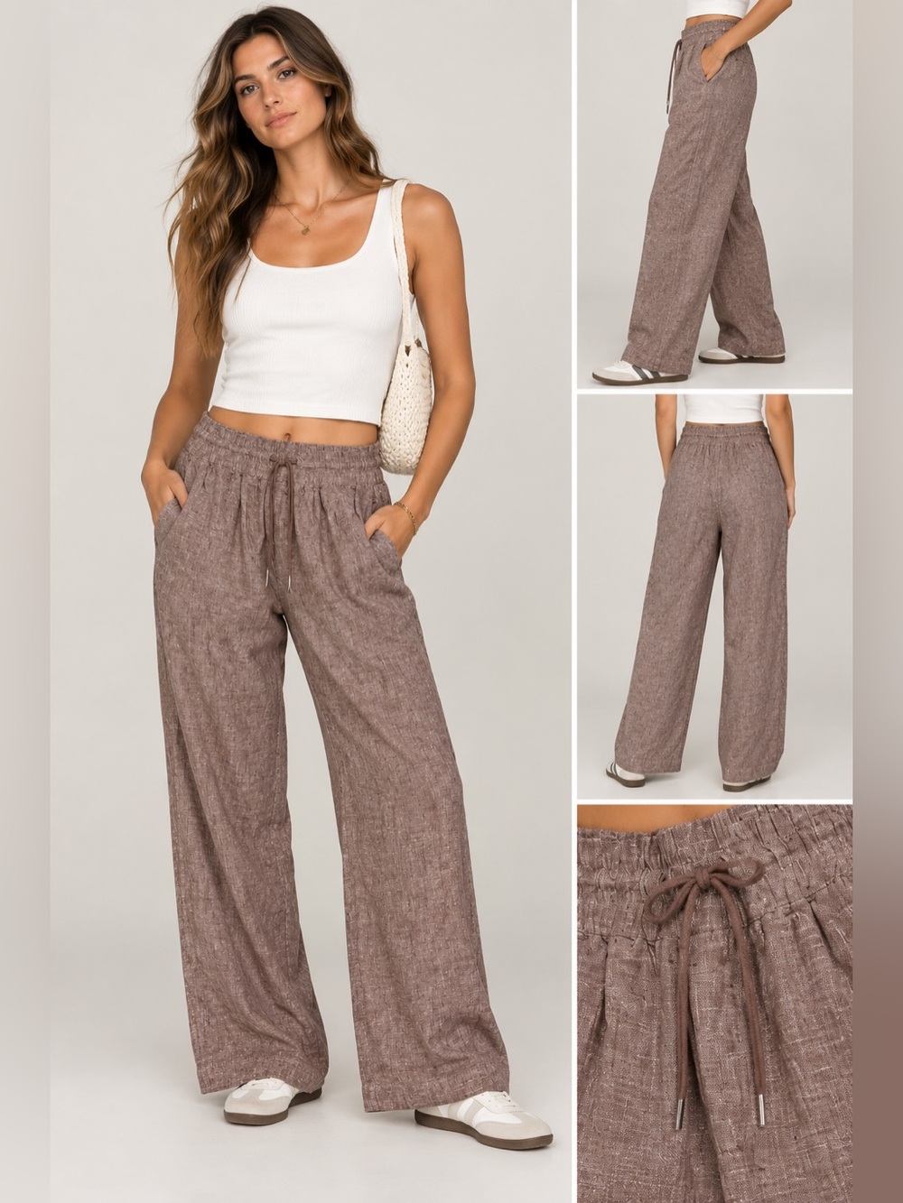 Quince 100% Linen Wide Leg Drawstring Pants Brown Size Medium